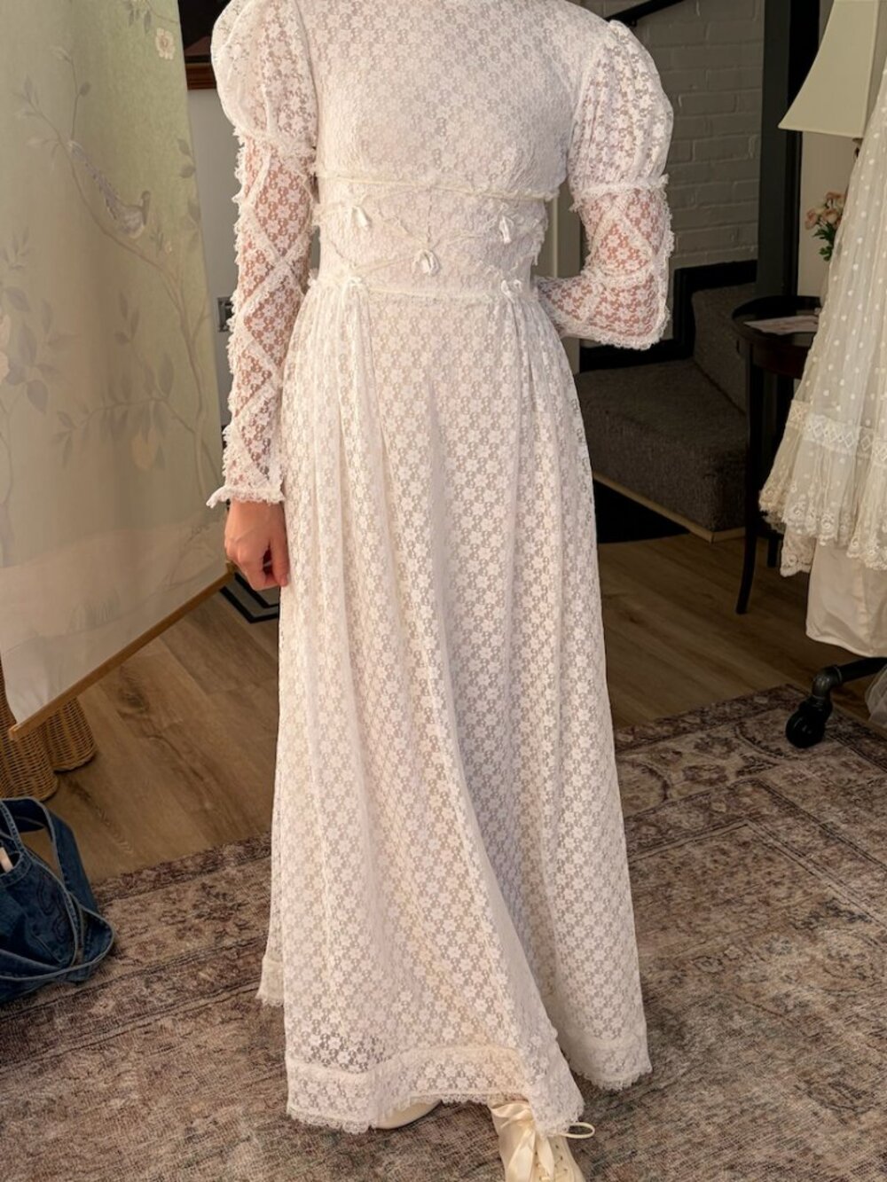 Vintage 70s lace high neck long sleeve wedding dress